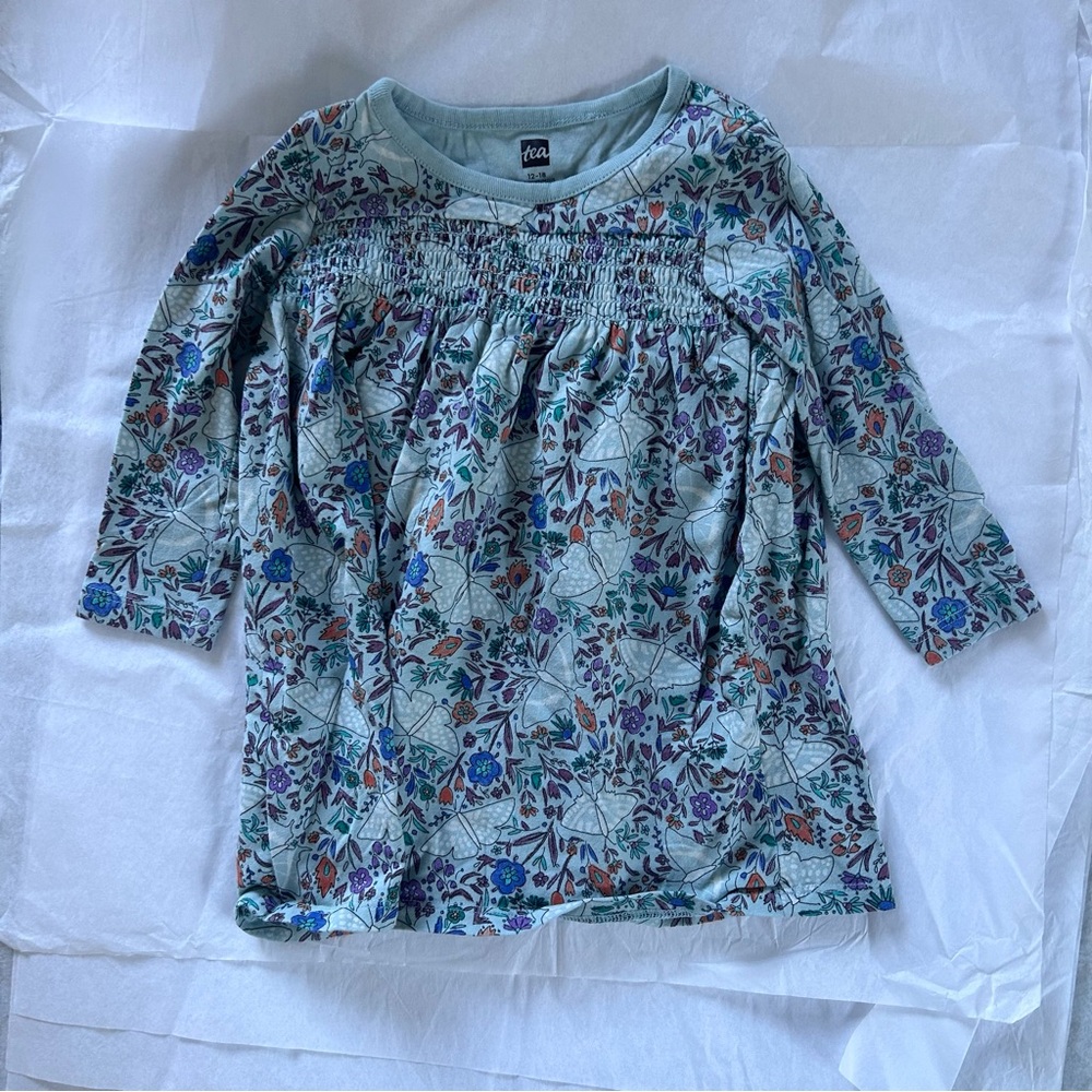Tea Collection Blue Dress with Flower and Moth Print